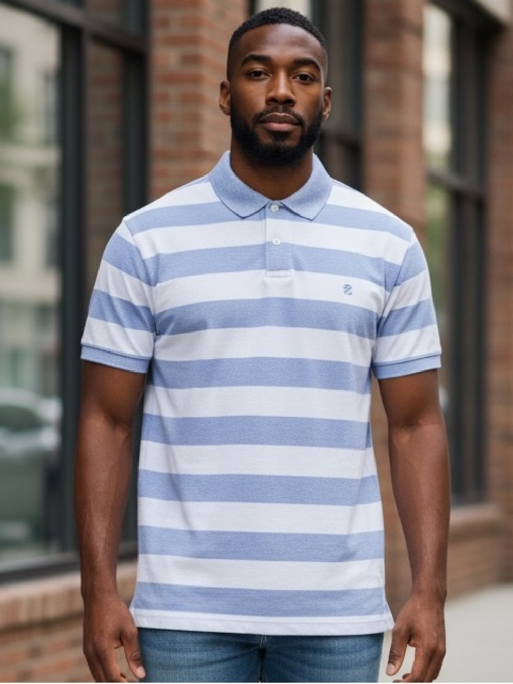 Izod Men's Light Blue and White Striped Polo Shirt